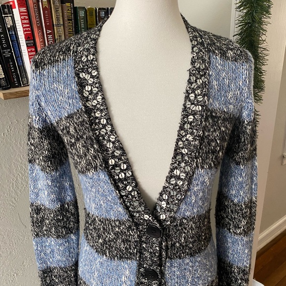Vtg Y2K Mudd Blue Black Striped Sequin Long Knit Grandpa Dark Academia Cardigan - Picture 2 of 8